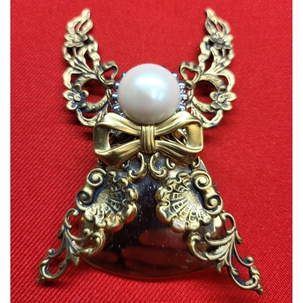 Vintage Signed Jane Faux Pearl Bronze Gold Tone Angel Brooch Pin